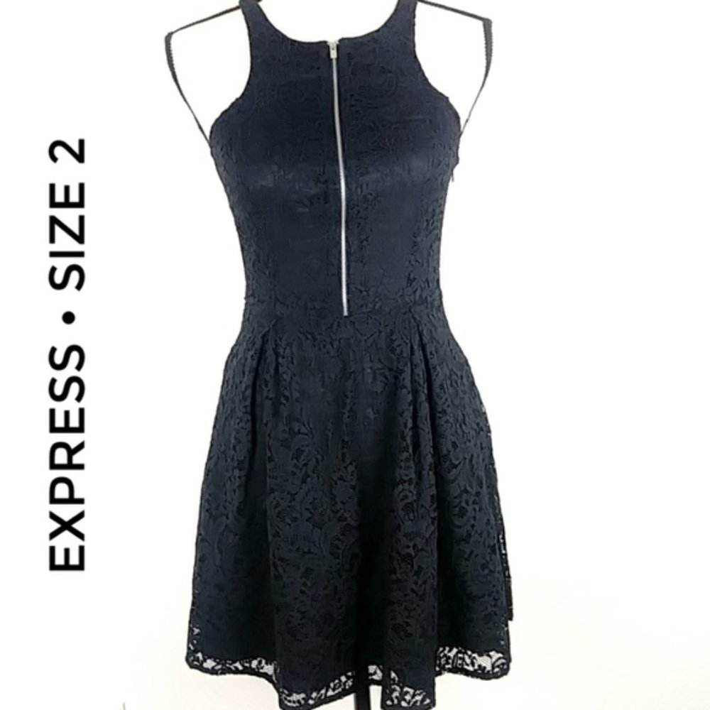 Express Black Lace Fit-and-Flare Mini Dress with Front Zip